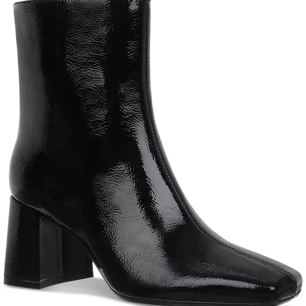 On 34th Margoe Square-Toe Booties Black Crinkle Patent Size 8.5M - F52 - Picture 2 of 6